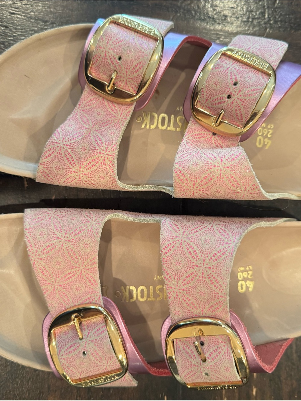 Birkenstock Pink Patterned Metallic Arizona Double-Buckle Slide Sandals